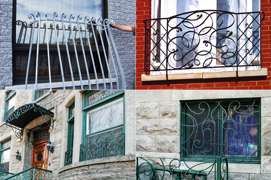 Garde-corps, grille de fenêtre et marquise en fer forgé.